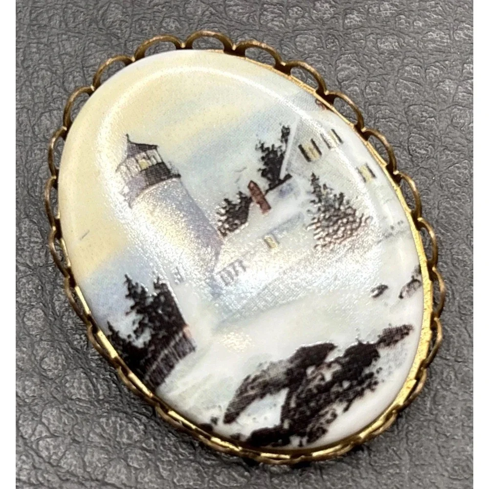 Vintage Winter Lighthouse in Snow Landscape Brooch Pin Gold Tone